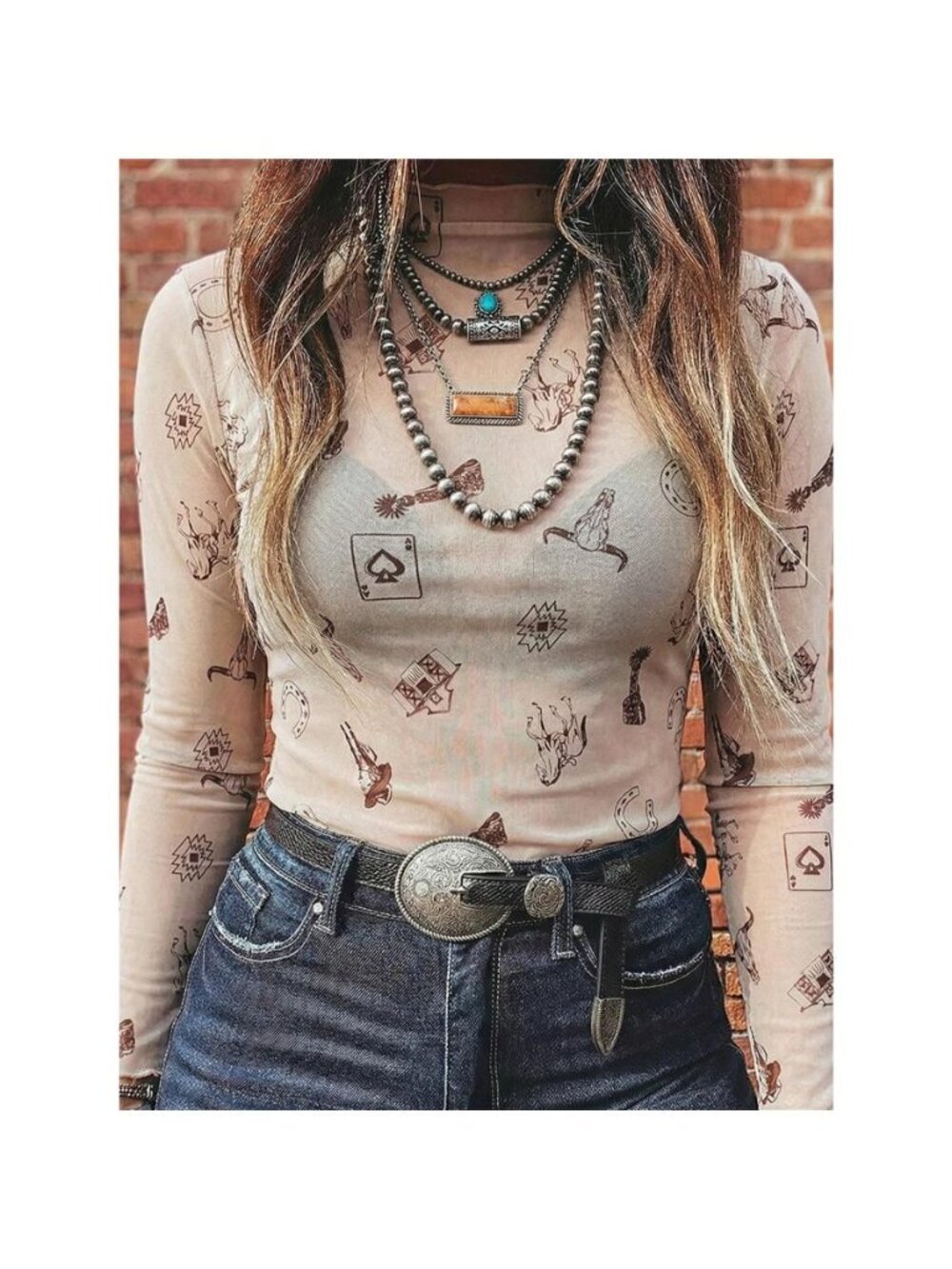 Western Print Slim Fit Mesh Long Sleeve Mock Neck Top